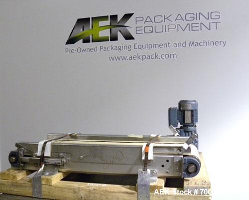 Used Belt Conveyor. 12" wide x 42" long rubber belt, driven by a 1/2hp, 3/60/230/460 volt, 1700 rpm gear motor, ratio 58.6 to 1. Mounted on a stainless steel frame. Machine footprint 44" long x 18" w...