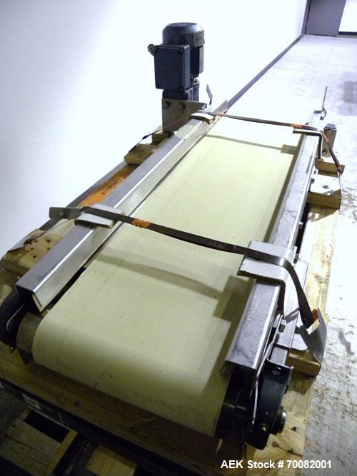 Used Belt Conveyor. 12" wide x 42" long rubber belt, driven by a 1/2hp, 3/60/230/460 volt, 1700 rpm gear motor, ratio 58.6 to 1. Mounted on a stainless steel frame. Machine footprint 44" long x 18" w...