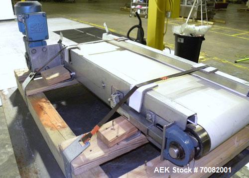 Used Belt Conveyor. 12" wide x 42" long rubber belt, driven by a 1/2hp, 3/60/230/460 volt, 1700 rpm gear motor, ratio 58.6 to 1. Mounted on a stainless steel frame. Machine footprint 44" long x 18" w...