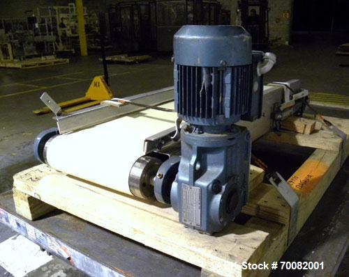 Used Belt Conveyor. 12" wide x 42" long rubber belt, driven by a 1/2hp, 3/60/230/460 volt, 1700 rpm gear motor, ratio 58.6 to 1. Mounted on a stainless steel frame. Machine footprint 44" long x 18" w...