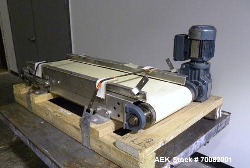 Used Belt Conveyor. 12" wide x 42" long rubber belt, driven by a 1/2hp, 3/60/230/460 volt, 1700 rpm gear motor, ratio 58.6 to 1. Mounted on a stainless steel frame. Machine footprint 44" long x 18" w...