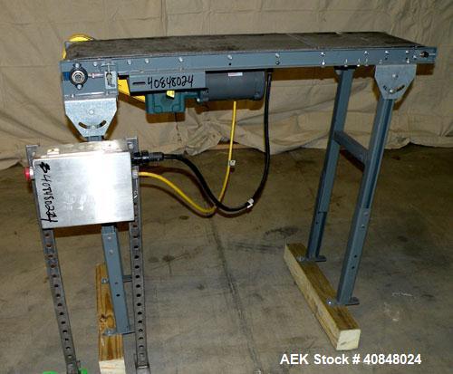 Used Rubber Belt Conveyor. 12" wide x 45" long belt, driven by a 1/3 hp, 1/60/115-208/230 volt, 1725 rpm gearmotor. Mounted on an adjustable carbon steel frame, approximate 40" discharge height.