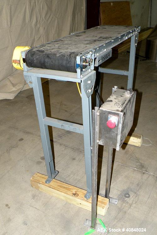 Used Rubber Belt Conveyor. 12" wide x 45" long belt, driven by a 1/3 hp, 1/60/115-208/230 volt, 1725 rpm gearmotor. Mounted on an adjustable carbon steel frame, approximate 40" discharge height.