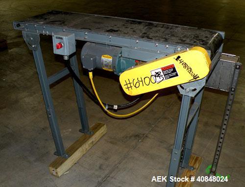 Used Rubber Belt Conveyor. 12" wide x 45" long belt, driven by a 1/3 hp, 1/60/115-208/230 volt, 1725 rpm gearmotor. Mounted on an adjustable carbon steel frame, approximate 40" discharge height.