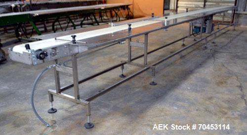 Used Belt Conveyor. Approximate 12" wide x 354" long belt. Has motor, controller, and side leaves. Mounted on a stainless steel frame. SELLING PRICE, AS IS, WHERE IS, SANFORD, NC.