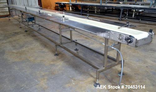 Used Belt Conveyor. Approximate 12" wide x 354" long belt. Has motor, controller, and side leaves. Mounted on a stainless steel frame. SELLING PRICE, AS IS, WHERE IS, SANFORD, NC.