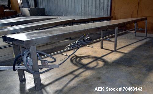 Used Belt Conveyor. Approximate 5" wide x 118" long belt. Has motor, controller, and side leaves. Mounted on a stainless steel frame. SELLING PRICE, AS IS, WHERE IS, SANFORD, NC.
