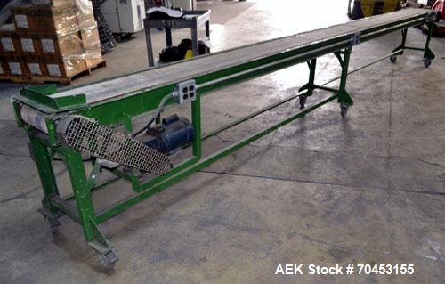 Used Belt Conveyor. Approximately 10" wide x 224" long belt. Has motor. Mounted on a carbon steel frame. SELLING PRICE AS IS, WHERE IS, SANFORD, NC.