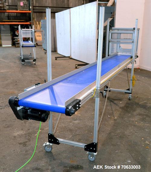 Used HFA Harvard Factory Automation Belt Conveyor.  18" Wide x 156" long belt. Driven by a 1/6 hp, 1/60/115 volt gear motor, ratio 106 to 1, output 82 rpm. Mounted on a manually adjustable height alu...