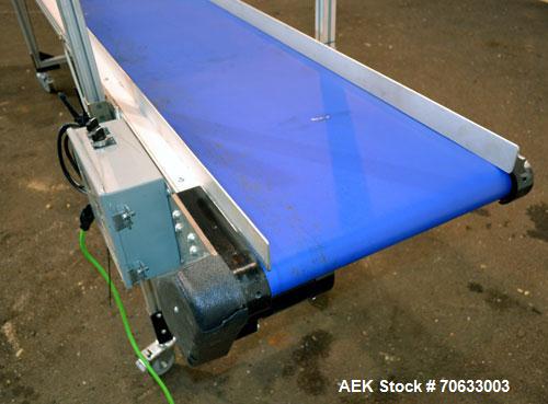 Used HFA Harvard Factory Automation Belt Conveyor.  18" Wide x 156" long belt. Driven by a 1/6 hp, 1/60/115 volt gear motor, ratio 106 to 1, output 82 rpm. Mounted on a manually adjustable height alu...