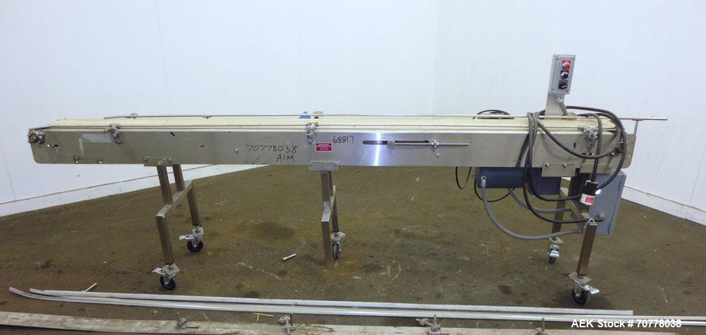 Used Johnson Nash Stainless steel belt conveyor. Approximately 10'L x 8"W. Neoprene belt, stainless steel frame mounted on casters. Has variable speed control box.