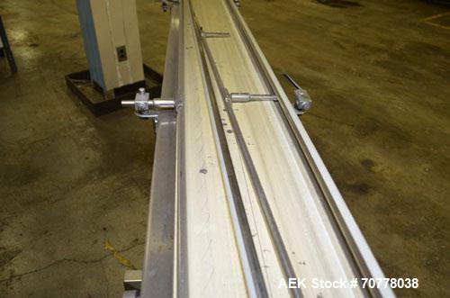 Used Johnson Nash Stainless steel belt conveyor. Approximately 10'L x 8"W. Neoprene belt, stainless steel frame mounted on casters. Has variable speed control box.