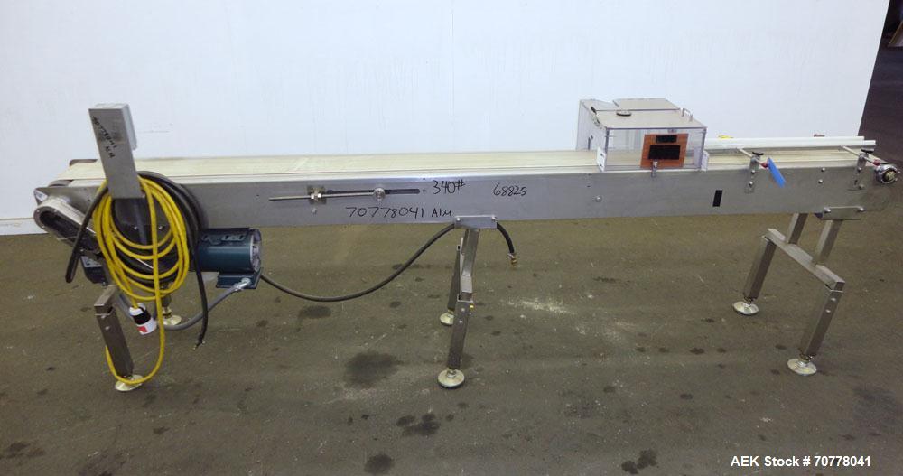 Used Neoprene belt conveyor approximately 6" wide x 120" long belt. Mounted on adjustable height screw legs.