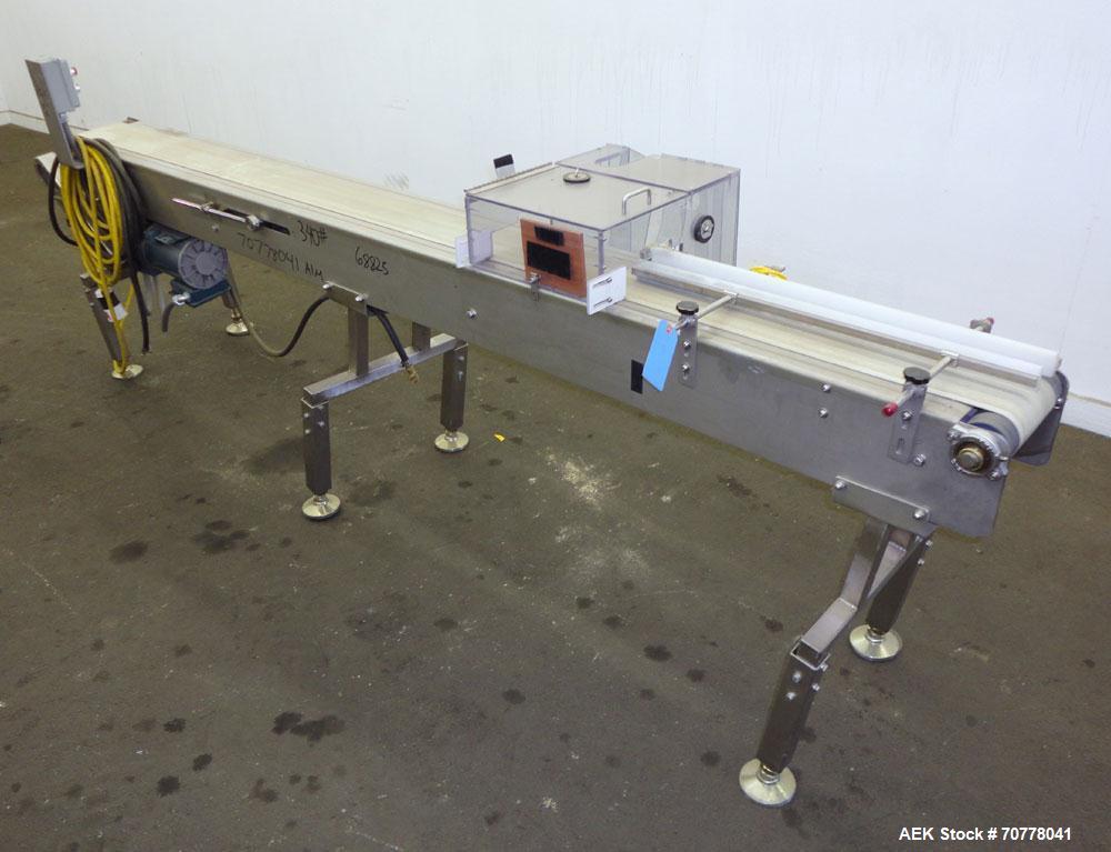 Used Neoprene belt conveyor approximately 6" wide x 120" long belt. Mounted on adjustable height screw legs.