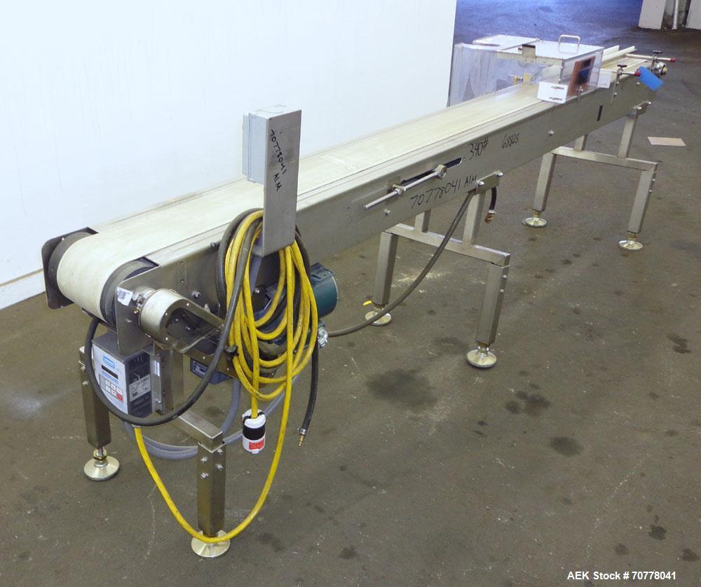 Used Neoprene belt conveyor approximately 6" wide x 120" long belt. Mounted on adjustable height screw legs.