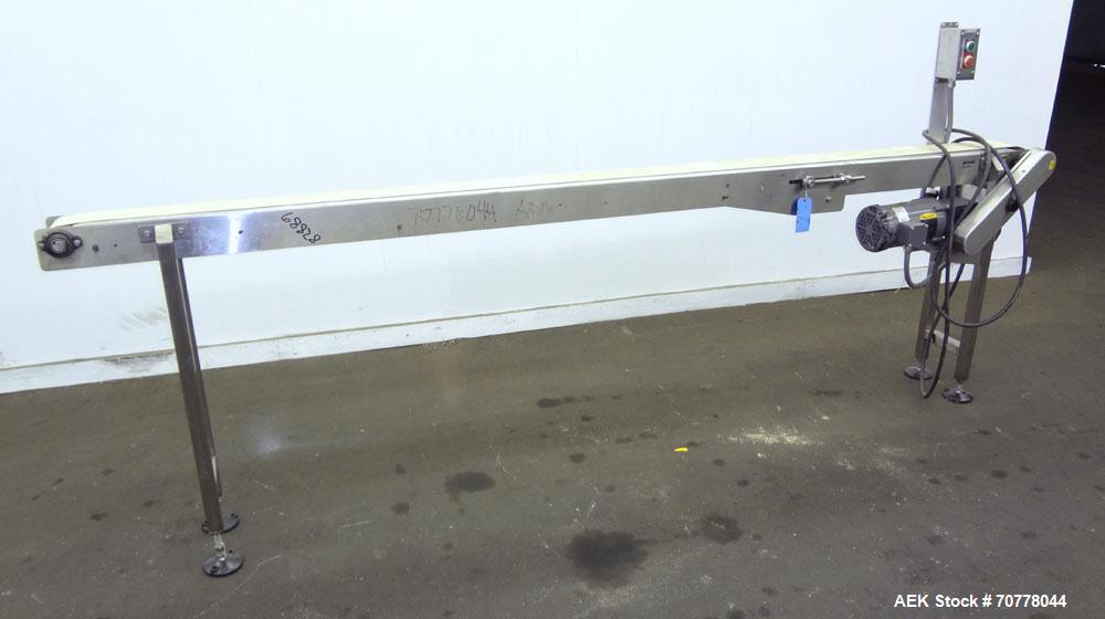 Used Belt conveyor approximately 5" wide x 120" long belt. Stainless steel frame. Adjustable height legs. Leeson variable speed controller.