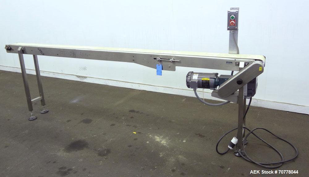 Used Belt conveyor approximately 5" wide x 120" long belt. Stainless steel frame. Adjustable height legs. Leeson variable speed controller.