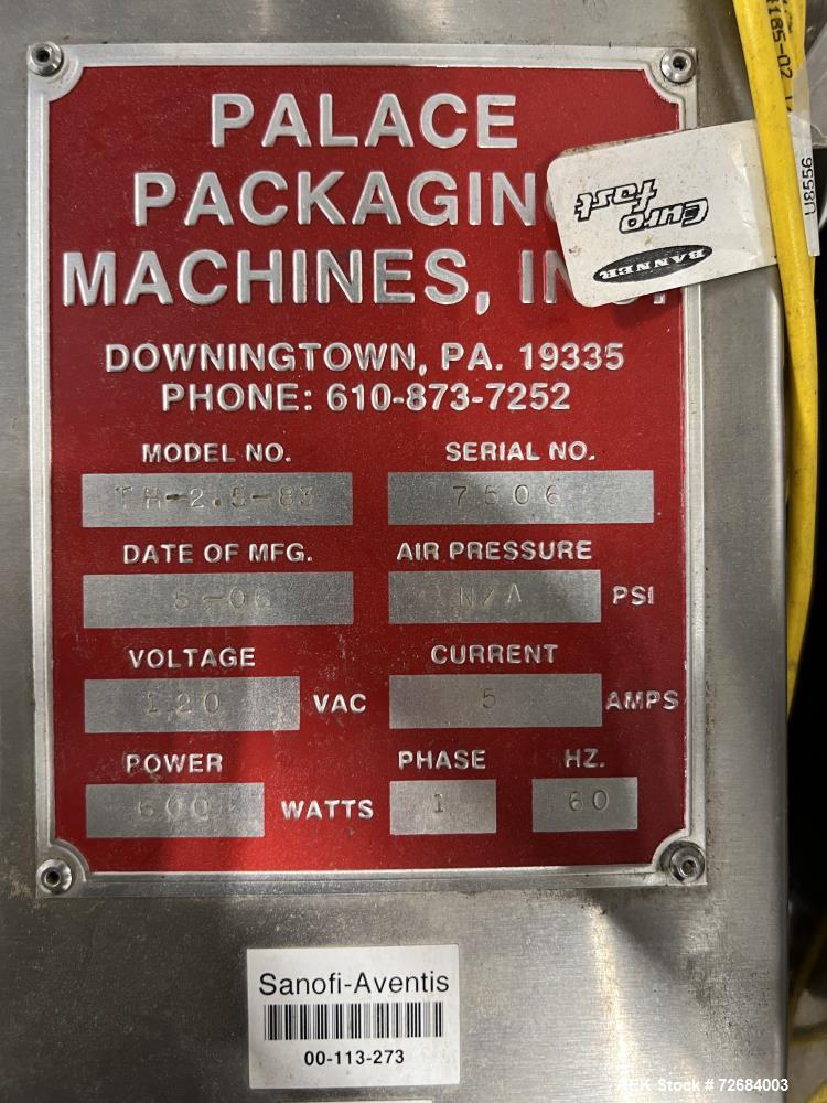 Used-Palace Packing Machines Inclined Belt Conveyor, Model TH-2.5-83. Stainless steel frame, no motor. Serial# 7506, built 2...