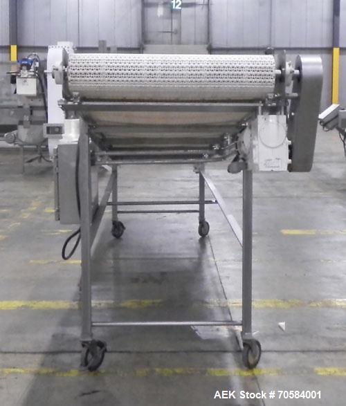 Used Panatrol Stainless Steel Inclined Mesh Belt Conveyor.  Approximately 29-1/2” wide x 213” long plastic mesh belt. Approximate 32” infeed height, 64” discharge height.  Driven by a 2 hp, 3/60/208-...