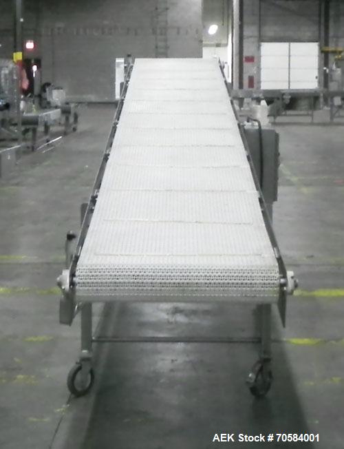 Used Panatrol Stainless Steel Inclined Mesh Belt Conveyor.  Approximately 29-1/2” wide x 213” long plastic mesh belt. Approximate 32” infeed height, 64” discharge height.  Driven by a 2 hp, 3/60/208-...