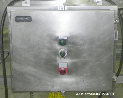 Used Panatrol Stainless Steel Inclined Mesh Belt Conveyor.  Approximately 29-1/2” wide x 213” long plastic mesh belt. Approximate 32” infeed height, 64” discharge height.  Driven by a 2 hp, 3/60/208-...