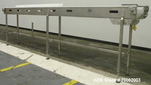 Used SSI Belt Conveyor. 12" wide x 152" long plastic belt. Driven by a Baldor stainless steel washdown motor, 1hp, 3/60/208-230/460 volt, 1740 rpm motor thru a reducer, ratio 10 to 1. Mounted on a 30...