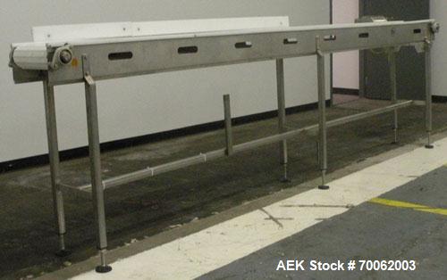 Used SSI Belt Conveyor. 12" wide x 152" long plastic belt. Driven by a Baldor stainless steel washdown motor, 1hp, 3/60/208-230/460 volt, 1740 rpm motor thru a reducer, ratio 10 to 1. Mounted on a 30...