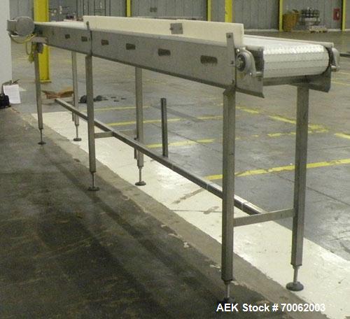 Used SSI Belt Conveyor. 12" wide x 152" long plastic belt. Driven by a Baldor stainless steel washdown motor, 1hp, 3/60/208-230/460 volt, 1740 rpm motor thru a reducer, ratio 10 to 1. Mounted on a 30...