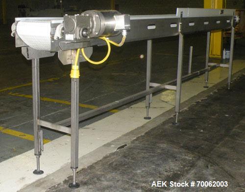 Used SSI Belt Conveyor. 12" wide x 152" long plastic belt. Driven by a Baldor stainless steel washdown motor, 1hp, 3/60/208-230/460 volt, 1740 rpm motor thru a reducer, ratio 10 to 1. Mounted on a 30...