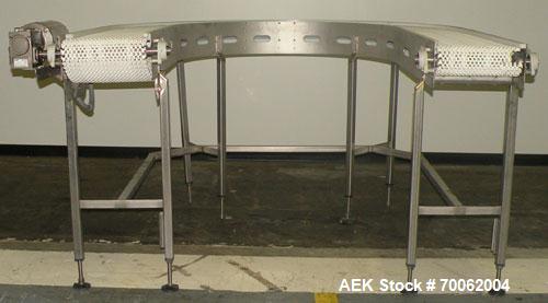 Used SSI 180 Degree U Shaped Belt Conveyor. 13-1/2" wide x 160" long plastic belt. Driven by a Baldor stainless steel washdown motor, 1 hp, 3/60/208-230/460 volt, 1740 rpm motor thru a reducer, ratio...