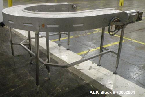 Used SSI 180 Degree U Shaped Belt Conveyor. 13-1/2" wide x 160" long plastic belt. Driven by a Baldor stainless steel washdown motor, 1 hp, 3/60/208-230/460 volt, 1740 rpm motor thru a reducer, ratio...