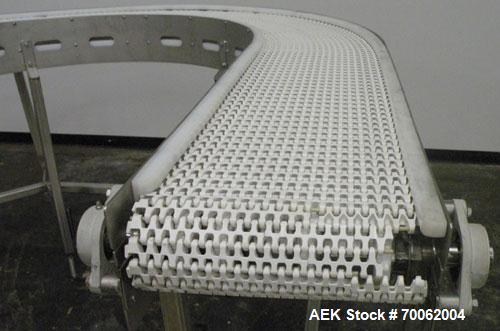 Used SSI 180 Degree U Shaped Belt Conveyor. 13-1/2" wide x 160" long plastic belt. Driven by a Baldor stainless steel washdown motor, 1 hp, 3/60/208-230/460 volt, 1740 rpm motor thru a reducer, ratio...