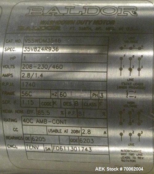 Used SSI 180 Degree U Shaped Belt Conveyor. 13-1/2" wide x 160" long plastic belt. Driven by a Baldor stainless steel washdown motor, 1 hp, 3/60/208-230/460 volt, 1740 rpm motor thru a reducer, ratio...