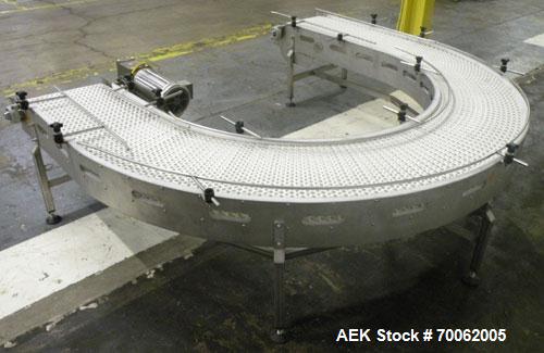 Used SSI 180 Degree U Shaped Belt Conveyor. 17-1/2" wide x 198" long plastic belt. Driven by a Baldor stainless steel washdown motor, 1-1/2 hp, 3/60/208- 230/460 volt, 1740 rpm motor thru a reducer, ...