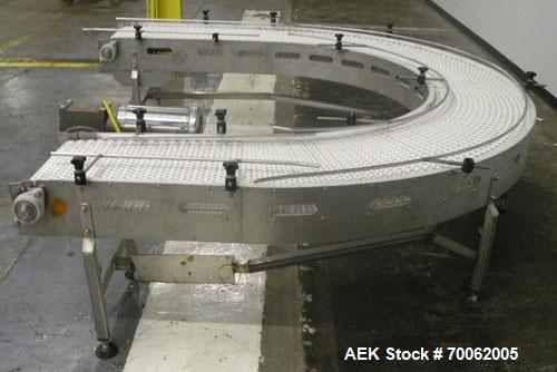 Used SSI 180 Degree U Shaped Belt Conveyor. 17-1/2" wide x 198" long plastic belt. Driven by a Baldor stainless steel washdown motor, 1-1/2 hp, 3/60/208- 230/460 volt, 1740 rpm motor thru a reducer, ...