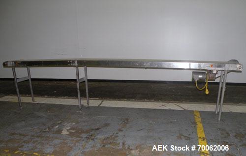 Used Belt Conveyor. 12" wide x 188" long rubber belt. Driven by a 1 HP, 3/60/208- 230/460 Volt, 1725 RPM gear motor, no ratio. 40’’ discharge height. Mounted on a 304 stainless steel frame with legs....