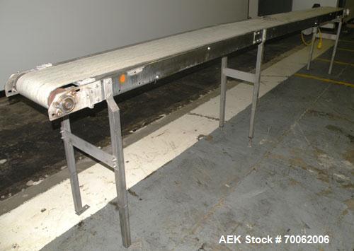 Used Belt Conveyor. 12" wide x 188" long rubber belt. Driven by a 1 HP, 3/60/208- 230/460 Volt, 1725 RPM gear motor, no ratio. 40’’ discharge height. Mounted on a 304 stainless steel frame with legs....