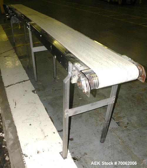 Used Belt Conveyor. 12" wide x 188" long rubber belt. Driven by a 1 HP, 3/60/208- 230/460 Volt, 1725 RPM gear motor, no ratio. 40’’ discharge height. Mounted on a 304 stainless steel frame with legs....