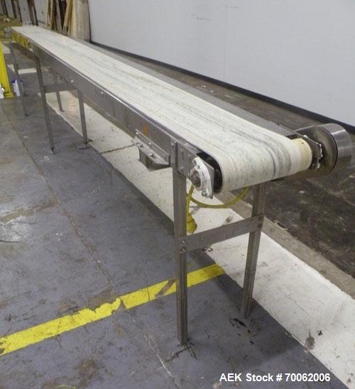 Used Belt Conveyor. 12" wide x 188" long rubber belt. Driven by a 1 HP, 3/60/208- 230/460 Volt, 1725 RPM gear motor, no ratio. 40’’ discharge height. Mounted on a 304 stainless steel frame with legs....
