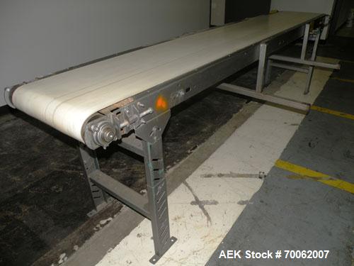Used Automated Conveyor Systems Belt Conveyor. 18" wide x 126" long rubber belt. Driven by a Baldor stainless steel wash down motor, 3/4 HP, 3/60/208-230/460 Volt, 1750 RPM thru a reducer, ratio 30 t...