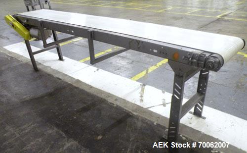 Used Automated Conveyor Systems Belt Conveyor. 18" wide x 126" long rubber belt. Driven by a Baldor stainless steel wash down motor, 3/4 HP, 3/60/208-230/460 Volt, 1750 RPM thru a reducer, ratio 30 t...
