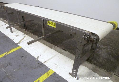 Used Automated Conveyor Systems Belt Conveyor. 18" wide x 126" long rubber belt. Driven by a Baldor stainless steel wash down motor, 3/4 HP, 3/60/208-230/460 Volt, 1750 RPM thru a reducer, ratio 30 t...