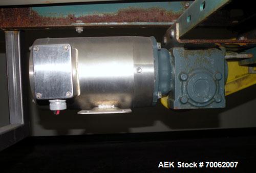 Used Automated Conveyor Systems Belt Conveyor. 18" wide x 126" long rubber belt. Driven by a Baldor stainless steel wash down motor, 3/4 HP, 3/60/208-230/460 Volt, 1750 RPM thru a reducer, ratio 30 t...