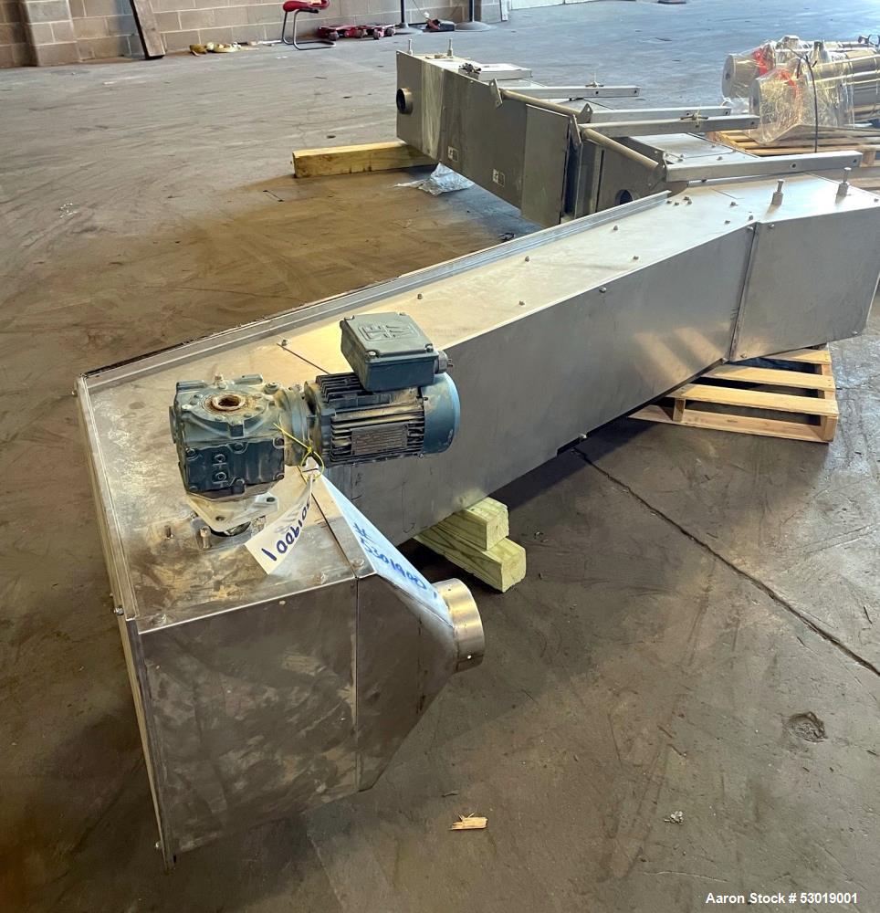 Used- PSG-Dallas Z-Inclined Conveyor. Stainless steel outer, with Plastic Belt. Approximate 15-1/4" wide, cleat 14" wide x 3...