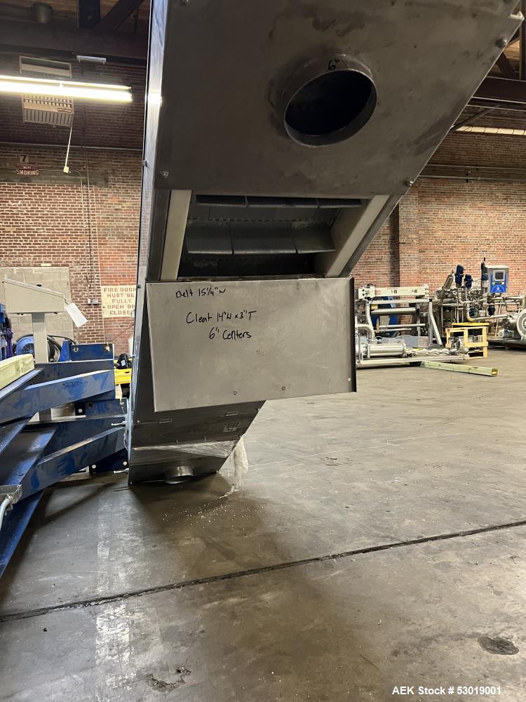 Used- PSG-Dallas Z-Inclined Conveyor. Stainless steel outer, with Plastic Belt. Approximate 15-1/4" wide, cleat 14" wide x 3...