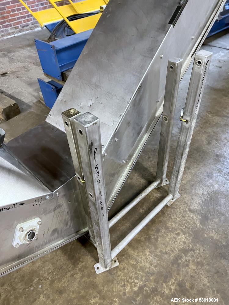 Used- PSG-Dallas Z-Inclined Conveyor. Stainless steel outer, with Plastic Belt. Approximate 15-1/4" wide, cleat 14" wide x 3...