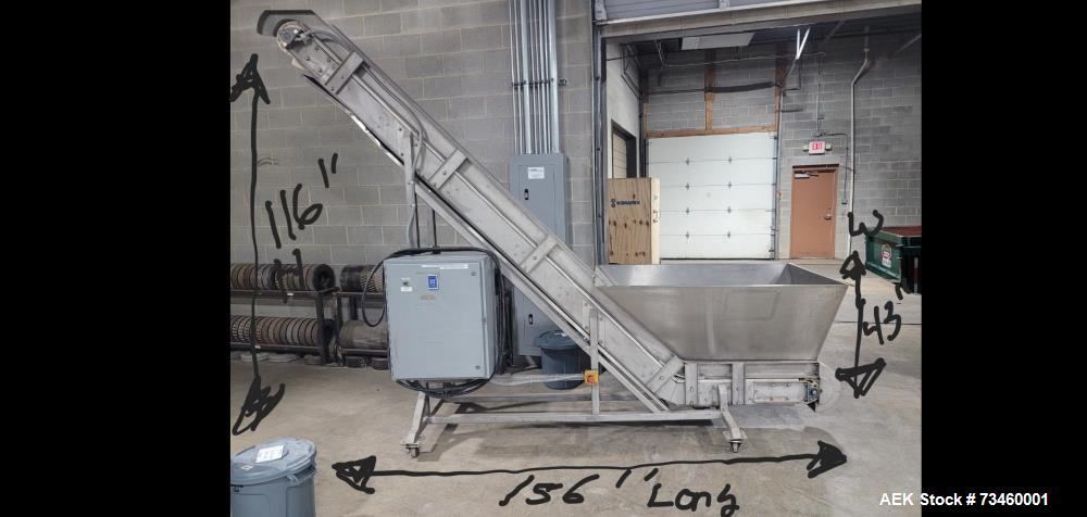 Used Ralston Inclined Cleated Belt Conveyor – 8.5" Wide Belt, Adjustable Height, 61" x 42" Hopper