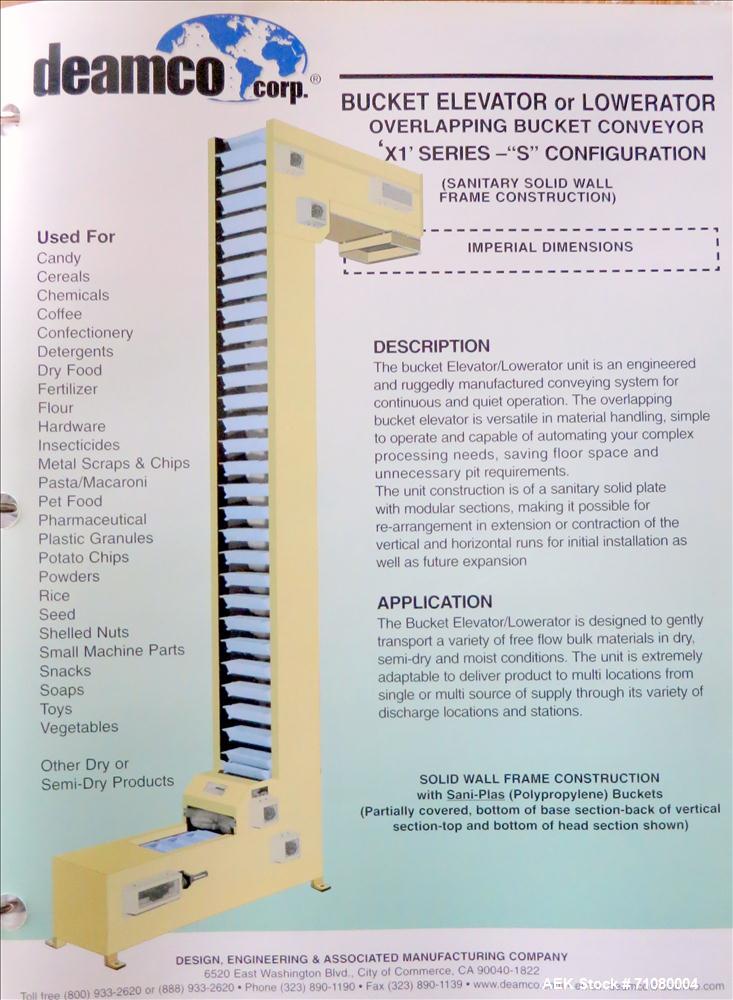 Unused - Deamco Overlapping Bucket Elevator/Lowerator, Model BEM-12P-SW-XI-"S".  Buckets 8" x 11" x 11" deep.  Chain driven.  3/4 Hp, 3/60/230/460 volt, 1720 rpm motor.  Incomplete machinery  Built i...