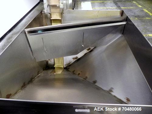 Used Hoppmann Cap Elevator, Stainless Steel. 5” wide x 102” long rubber belt, approximate 108” discharge height. Hopper approximate 46” x 38” x 28” deep. Hinged plexiglass top cover. Driven by a 1/4h...