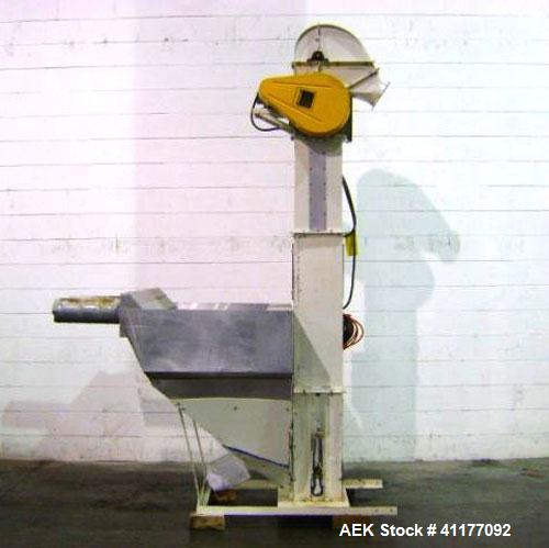 Used Meyer Bucket Elevator, Carbon Steel. 40" x 43" x 48" deep infeed hopper. 4" x 3" poly buckets. Discharge height is 100". Baldor 3/60/208/230/460V motor. OAD: 120" x 43" x 80". Last feeding pet f...
